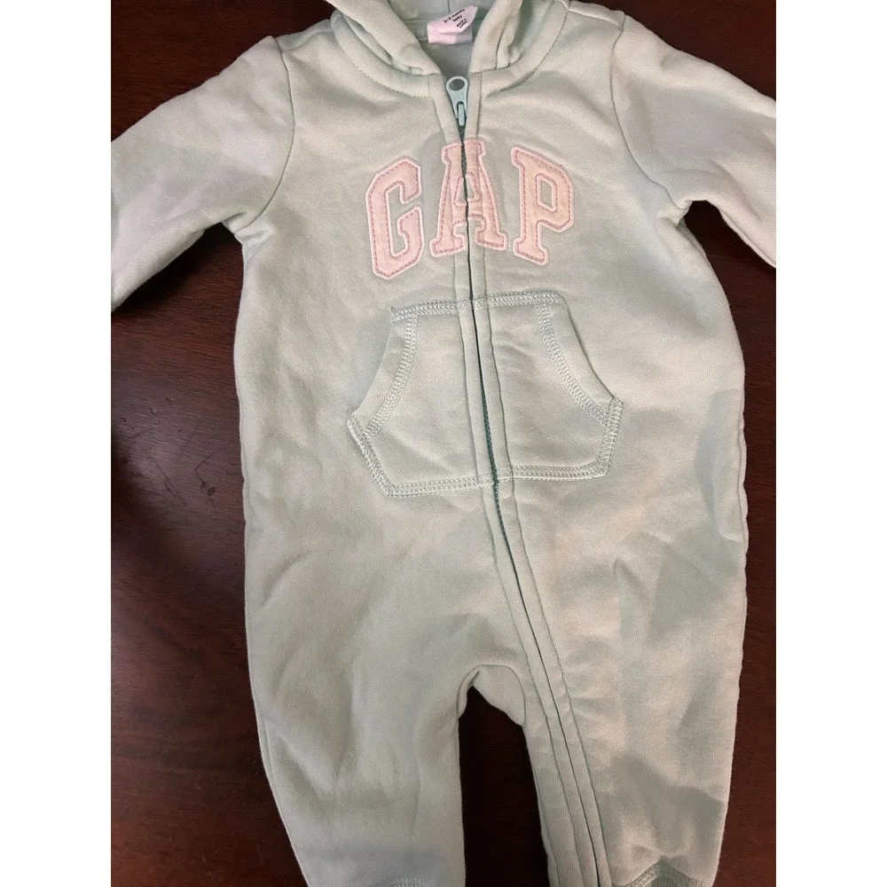 Gap Baby Mint Green Bear Ear Hooded Fleece Romper Zip Up 0-3 Months